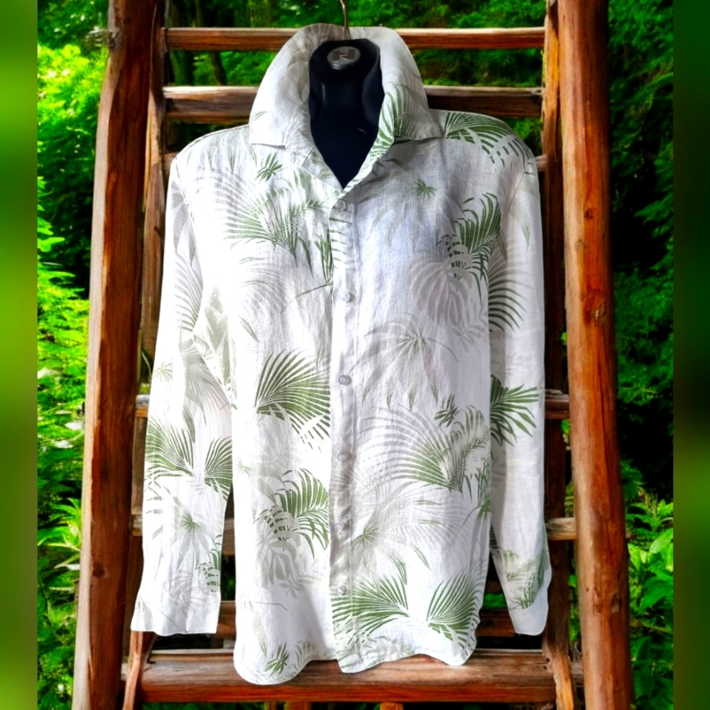 🆕️ FOCUS 100% Linen Tropical Long Sleeve Oversized Button Down Shirt Size M